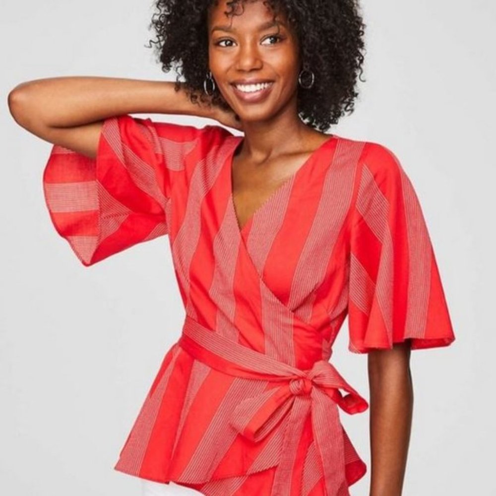 NWT Ann Taylor LOFT Petite Striped Wrap Top - Red
